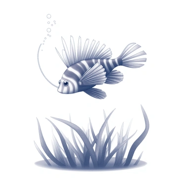 A lionfish with its distinctive spines is gracefully gliding above a bed of swaying seagrass. The fish displays its elaborate fins, extending outward as it maneuvers through the water. The seagrass below is lush, creating a flowing landscape as it gently shifts with the current. Bubbles rise around the lionfish, emphasizing its movement and the tranquility of the underwater scene.