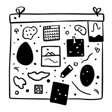 A collection of various images pinned together on a corkboard, displaying diverse patterns and textures. There are swatches of fabric arranged in different shapes and sizes. Some images depict scenic landscapes, while others showcase abstract designs. The overall arrangement creates a collage-like effect, with each element overlapping slightly, contributing to a cohesive theme for an illustration.