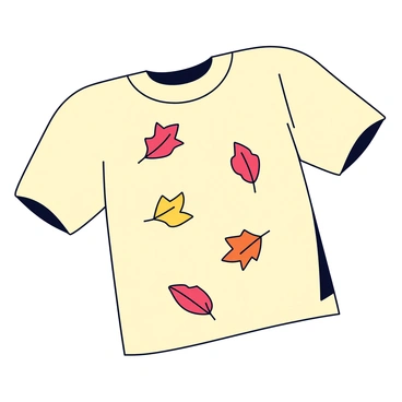 A cream t-shirt laid flat on a surface. A cascade of colorful autumn leaves, including shades of red, orange, and yellow, is falling onto the shirt. The leaves are detailed and slightly curled at the edges, creating a sense of movement as they land on the fabric. Some leaves are partially resting on the t-shirt, while others are suspended in mid-air, capturing the essence of the autumn season.