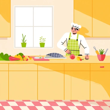 A cozy kitchen with warm wooden cabinets and a checkered floor. A chef wearing a white hat and a checkered apron is standing at a wooden countertop. The chef is skillfully preparing a dish using freshly caught sardines displayed on a silver platter. There are various colorful vegetables placed around the countertop, along with a cutting board and kitchen utensils. Sunlight streams through a window, illuminating the scene and casting soft shadows on the walls. A few potted herbs are placed on the windowsill, adding a touch of greenery to the kitchen.