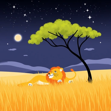 A wide savanna landscape with tall, golden grass gently swaying in the breeze. In the foreground, two lions are resting peacefully beneath a large, leafy acacia tree. Their golden fur glows softly in the moonlight. The night sky is filled with bright, twinkling stars, creating a stunning backdrop. A few wispy clouds drift lazily across the sky, and the silhouette of distant hills can be seen on the horizon. The serene atmosphere captures a peaceful night in the savanna.
