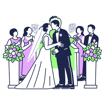 A newlywed couple is standing at the altar sharing their first kiss as husband and wife. The bride is wearing a flowing white dress with a lace bodice, and her veil cascades down her back. The groom is in a classic black tuxedo with a white shirt and a black bowtie. In the background, a group of guests are applauding and smiling, some holding small cameras to capture the moment. The setting features floral arrangements on either side of the altar, with vibrant flowers enhancing the scene. A soft breeze is slightly lifting the bride's veil, adding a sense of movement to the moment.