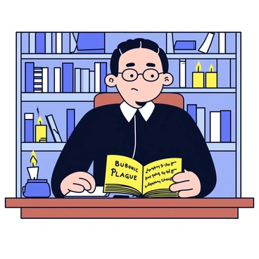 A scholar sitting at a wooden desk in a candle-lit library. The scholar has glasses perched on their nose and is focused intently on an ancient, dusty tome titled "Bubonic Plague." The pages of the book are yellowed and slightly tattered. The library shelves are filled with various old books, and a few candles flicker softly, casting warm light and gentle shadows across the scene. The scholar is dressed in a simple, dark robe, and a quill and inkpot are visible on the desk, waiting for notes.