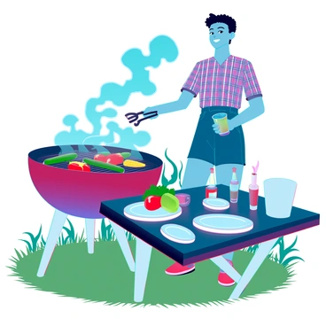 A person with medium skin tone, wearing a short-sleeve plaid shirt and denim shorts, stands by an open flame grill in a park. The grill is filled with colorful vegetables such as bell peppers, zucchini, and corn, sizzling as they cook. The scene is surrounded by green grass and trees, with a clear blue sky overhead. The person is smiling, holding a pair of tongs, flipping the vegetables, while a picnic table nearby is set with plates, cups, and various condiments.