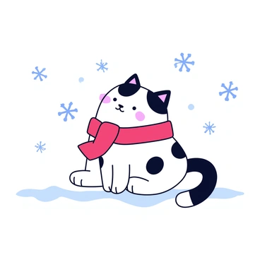 A lucky cat with a white coat and black spots is sitting in a snowy landscape. The cat is wearing a bright red scarf that drapes around its neck. Snowflakes are gently falling around the cat, creating a wintery scene. The ground is covered with a thick layer of snow, and the snowflakes vary in size, some larger and some smaller. The cat's ears perk up, and its eyes are bright and alert as it enjoys the tranquil moment.