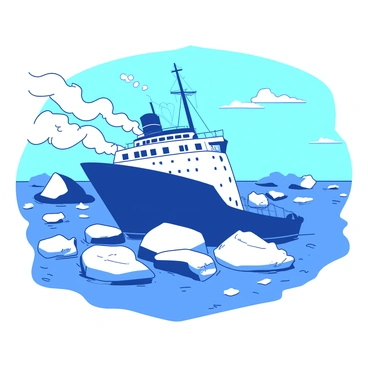 An imposing icebreaker ship is navigating through a thick expanse of Arctic ice. The hull of the ship is painted in a bright white, contrasting sharply with the deep blue of the surrounding ice. Massive chunks of ice are being broken apart and pushed aside by the powerful bow of the vessel. The sky above is clear with a few scattered clouds, creating a stark backdrop for the intense scene. The ship emits a plume of white steam from its exhaust, adding to the sense of power and movement as it makes its way through the frozen landscape.