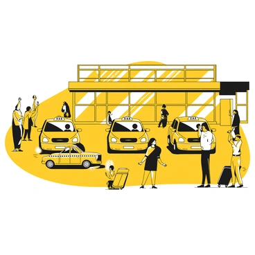 A row of yellow taxis lined up in the arrival zone of JFK Airport. The taxis are parked neatly, with their distinctive black-and-yellow color scheme clearly visible. Each taxi has a light on top indicating its availability. In front of the taxis, a group of travelers with luggage are ready to board. The background features the airport terminal with large glass windows, showcasing arriving passengers inside. The scene is bustling, with some people waving and others scanning the area for their rides.