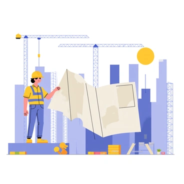 A construction site with a person dressed in a yellow hard hat and a blue safety vest, attentively reviewing large blueprints. The individual is standing on a platform, surrounded by partially constructed buildings with steel beams and scaffolding. In the background, cranes are lifting materials onto the rising structures. The ground is scattered with tools and construction materials, while a bright sun fills the sky, enhancing the busy atmosphere of the site.