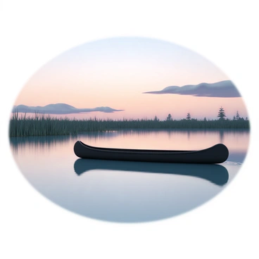 A lone canoe, made of dark wood, is gliding through the calm waters of a marsh at dusk. The canoe is empty, reflecting a sense of tranquility. The water is smooth, mirroring the soft hues of the fading light, with shades of orange, purple, and blue blending in the sky above. Tall reeds and grasses line the edges of the marsh, slightly swaying in the gentle breeze. In the background, silhouettes of distant trees can be seen against the colorful sky, completing this peaceful scene.