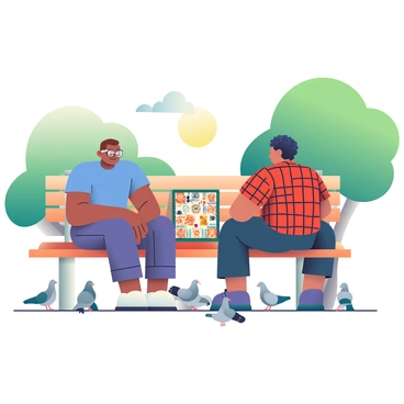 Two strangers, one with short brown hair and the other with curly black hair, are seated on a wooden park bench, deeply engaged in a game of backgammon. The game board, displaying intricate designs in rich colors, is placed between them, and both players have a focused expression. The man with brown hair is wearing a blue t-shirt and glasses, while the curly-haired man is dressed in a red plaid shirt. Surrounding the bench, several pigeons of varying shades of gray and white are perched on the ground, curiously watching the game unfold. Lush green trees provide a backdrop, and a bright sun casts gentle shadows on the scene.