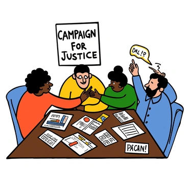 Cesar Chavez, a light-skinned man with black hair, is sitting at a wooden table surrounded by fellow activists. He has an intense expression, focused on the task at hand. The table is cluttered with papers, pamphlets, and a large poster with the words "Campaign for Justice" prominently displayed. The activists include a dark-skinned woman with short curly hair, wearing a red shirt, and a Hispanic man with a neatly trimmed beard, wearing a blue button-up shirt. They are all engaged in discussion, pointing at the materials on the table, brainstorming ideas, and collaborating on their campaign plans. The atmosphere conveys a sense of determination and unity.