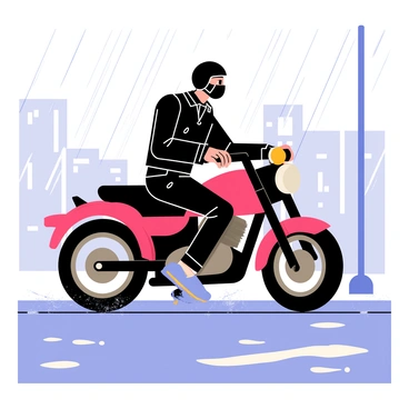 A motorcyclist wearing a black helmet and a sleek leather jacket is riding a shiny red motorcycle down a rainy street. Raindrops are falling from the gray clouds above, creating a misty atmosphere. The pavement is glistening with water, reflecting the bright city lights and the silhouette of the motorcyclist. Puddles are forming on the street, adding to the watery reflections. The motorcyclist leans slightly to one side, skillfully maneuvering through the wet conditions, while droplets of water splash around the tires.