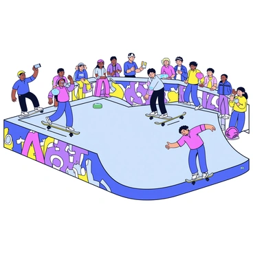 A vibrant urban skatepark is depicted, with skaters in action performing tricks. One skater is doing an ollie off a small ramp, while another is grinding along a metal rail. The park is surrounded by walls covered in colorful graffiti art featuring abstract designs and bold lettering. In the background, there are spectators watching intently, some cheering, while others are capturing the moment on their phones. The ground is textured with concrete, and there are scattered skateboard decks and helmets around.