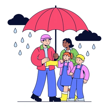 A giant umbrella with a bright red exterior is positioned above a family, providing shelter from a storm. The family consists of four members; a father wearing a raincoat, a mother holding a yellow rain boot, a young girl in a pink rain jacket, and a boy in blue overalls. Rain is visibly falling around them in diagonal streaks, with droplets splashing on the ground. The background features dark storm clouds, creating a contrast with the vibrant colors of the umbrella and the family's clothing.