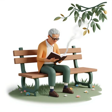 An elderly poet, with gray hair and wearing a brown cardigan, sits on a wooden bench in a lush green park. He has reading glasses perched on his nose as he intently writes verses in a leather-bound notebook with a fountain pen. A gentle breeze ruffles the pages, and scattered leaves and colorful flowers surround the bench. The poet's expression is focused, and he occasionally looks up, taking in the beauty of his surroundings. Sunlight filters through the branches of nearby trees, casting soft shadows on the ground.