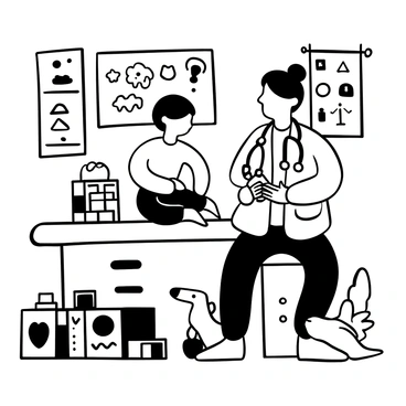 A pediatrician crouching next to a child, holding a stethoscope in one hand while playfully interacting with a toy stuffed animal in the other hand. The child is sitting on an examination table, surrounded by various toys scattered around, including a colorful building block set and a plush dinosaur. Behind them, there are several colorful charts hanging on the wall, depicting animals and shapes. The pediatrician wears a lab coat, and there is a cheerful atmosphere in the room.