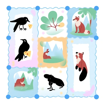 A colorful patchwork quilt is displayed, featuring various panels that depict different scenes from the "Crow and Fox" tale. One panel shows a crow holding a piece of cheese in its beak. Another panel illustrates the cunning fox looking up at the crow with an attentive posture. Additional panels represent a woodland setting, with trees and foliage surrounding the characters. Each panel showcases vibrant colors and intricate stitching, highlighting the distinct scenes of the story. The quilt's borders are adorned with a decorative pattern that complements the overall design.