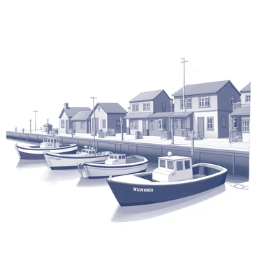 A quaint fishing village is depicted with traditional wooden buildings lining the shore. The scene features several boats, each with distinct shapes and designs, docked at a weathered wooden pier. The boats are gently bobbing on the water, showcasing their unique structures. In the background, small fishing nets and other equipment can be seen scattered along the pier. A few seagulls are perched on the edge of the pier, adding to the coastal atmosphere. "A quaint fishing village" is inscribed prominently above the scene.