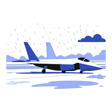 An F35 jet is positioned on an airstrip, with its engines running and prepared for takeoff. The jet displays a sleek, angular design with a prominent cockpit canopy and horizontal stabilizers at the rear. Rain is falling steadily, creating droplets that splash against the jet's surface and the runway. Puddles are forming on the ground, reflecting the jet's silhouette. In the background, a cloudy sky looms with dark, billowing clouds, indicating the ongoing rainfall. The atmosphere conveys an impending takeoff as the jet is set against the backdrop of a stormy day.