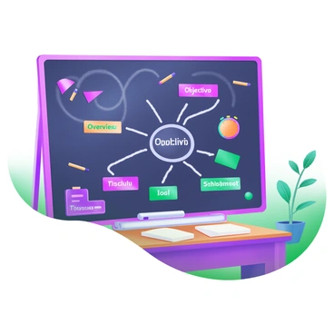 A modern pastel illustration of a classroom board showcasing a creative mind map version of a syllabus. The board is black with white and colorful chalk outlines forming branches. Each branch connects to various topics represented by vibrant shapes, such as circles and rectangles. The words "Course Overview," "Objectives," "Assignments," and "Schedule" are written in playful, bold letters within these shapes. There are small icons like a pencil, a book, and a clock scattered throughout the mind map to enhance the visual appeal. The classroom setting includes a wooden desk and a potted plant in the corner.