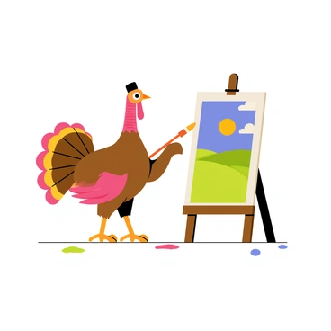 A cartoon-style illustration of a turkey standing on two legs. The turkey holds a large paintbrush in its wing, and is focused on painting a colorful landscape on a white canvas positioned in front of it. The canvas displays rolling green hills, a bright blue sky with fluffy white clouds, and a setting sun in the background. The turkey has vibrant feathers in shades of brown, red, and orange, and wears a small artist's beret tilted to one side. There are splashes of different colors on the ground around the canvas, adding to the artistic scene.