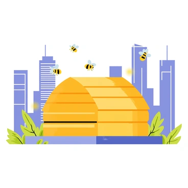 A rooftop beehive made of wooden slats, positioned on a flat rooftop with a vibrant green garden surrounding it. Several bees are flying around the hive, their wings sparkling in the sunlight. In the background, a skyline of tall, modern skyscrapers stretches towards the sky, with blue glass windows reflecting the sunlight. The scene captures the contrast between nature and urban life, showcasing the importance of bees in the city environment.