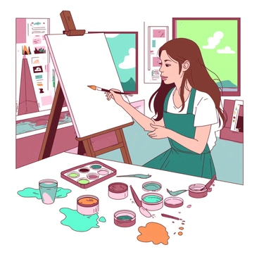 A white canvas is set up on an easel in a bright art classroom. "Bella Swan," a teenage girl with long brown hair, is focused on painting with a brush in her right hand. She is surrounded by various colorful paints arranged on a table next to her. Bright splatters of teal and orange paint are visible on the floor and on her apron. Several canvases of different sizes, showcasing various art styles, are leaning against the walls. The atmosphere is vibrant, filled with the colors of creativity and expression.