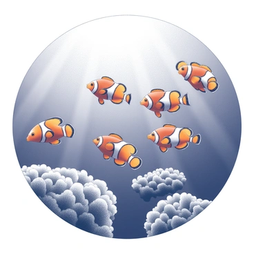 A bird's-eye view of a group of clownfish swimming close to the ocean surface. The fish are characterized by their vibrant orange and white stripes, clearly visible as they move through the water. Below them, coral reefs are partially visible, creating a textured underwater landscape. Sunlight filters through the surface of the water, casting delicate shadows and illuminating the scene, highlighting the movement of the fish as they navigate around the coral structures.