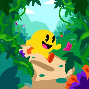 A bright yellow Pac-Man character is running energetically through a vibrant jungle maze. The maze is formed by thick, lush green vines and various tropical plants, creating a dynamic and intricate pathway. The plants have large, broad leaves in different shades of green, and colorful flowers add splashes of red, orange, and purple. Sunlight filters through the canopy above, casting playful shadows on the ground. Pac-Man's mouth is wide open in a classic munching expression as he navigates the twisting paths surrounded by the dense foliage.