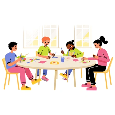 A group of four children sitting around a circular table. Each child is engaged in creative activities, with one boy using a set of colored markers to draw a vibrant landscape. A girl is focused on painting a colorful butterfly with watercolor paints. Another child is sketching a cartoon character with a pencil on sketch paper, while the last child is gluing down cut-out shapes to create a collage. The table is covered with art supplies, including paintbrushes, glitter, and various colored papers. Bright sunlight streams in through a window, illuminating the joyful scene.