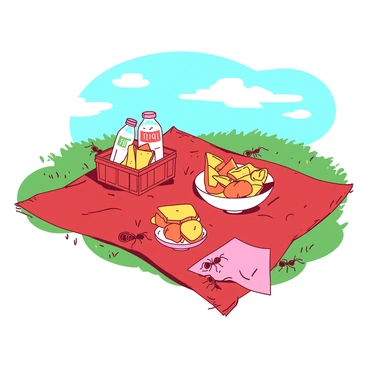 A red picnic blanket is spread out on the green grass under a bright blue sky. On top of the blanket, there is a selection of snacks including yellow sandwiches cut into triangles, a bowl of orange fruit slices, and a few bottles of clear drinks with colorful labels. Nearby, there is a small basket filled with yellow pastries and a couple of pink napkins neatly arranged. Several cheerful ants are crawling along the edge of the blanket, adding a touch of life to the scene.