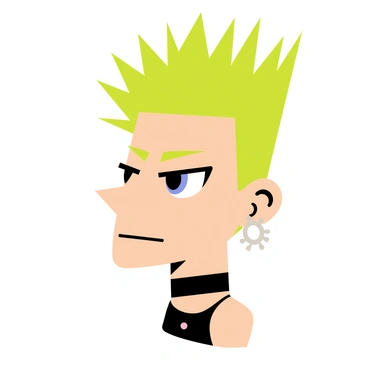 A cartoon-style illustration of a punk rocker’s face. The punk rocker has a vibrant green mohawk that stands tall and spiky. Their ears are adorned with multiple silver piercings, including hoops and studs. The rocker has a strong jawline and sharp facial features. Bold eyeliner frames their expressive eyes, which are filled with attitude. The punk rocker has a slight smirk, showcasing a rebellious spirit. They wear a black leather choker around their neck, adding to the edgy appearance.