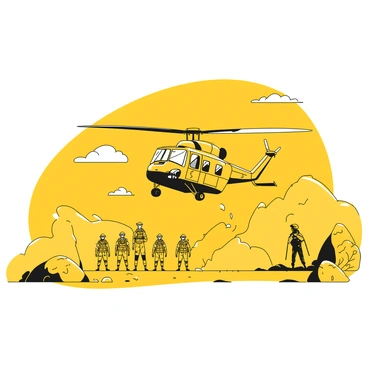 An army helicopter is descending towards the ground in a dust-filled desert landscape. The helicopter is detailed, with rotors spinning and a visible military insignia. Clouds of dust rise around the landing area, creating a dynamic atmosphere. Several troops, dressed in tactical gear and helmets, are positioned near the helicopter, preparing to disembark. Some troops are stepping out of the helicopter, while others are poised, ready to move forward. The barren desert extends in the background, with a few scattered rocks and sparse vegetation visible.