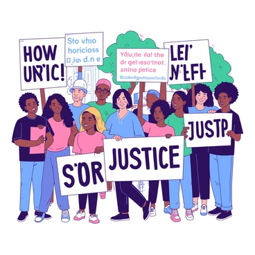 A diverse group of people stands together, each holding a sign with the word "Justice" prominently displayed in bold letters. There are individuals of different ages and ethnicities, showcasing a sense of unity and solidarity. Some signs feature messages of hope and equality, while others have colorful artwork. The people are dressed in casual clothing, and their expressions are determined yet peaceful. In the background, there are trees and buildings, framing the scene of their peaceful protest.