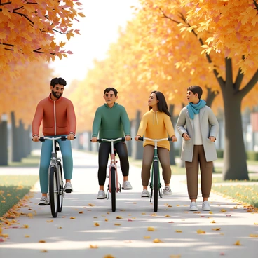 A group of four friends riding bikes through a park in autumn. The first friend, wearing a red jacket and denim jeans, is leading the group on a mountain bike. The second friend, dressed in a green hoodie and black leggings, is closely following. The third friend, in a yellow sweater and brown cargo pants, is riding a vintage-style bicycle. The fourth friend, wearing a blue scarf and grey coat, is laughing as they pedal along. Colorful leaves, in shades of orange, yellow, and red, are falling from the surrounding trees, creating a vibrant carpet on the ground. Sunlight filters through the branches, casting dappled shadows on the path.
