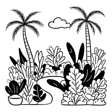 A monoline illustration of a lush botanical garden filled with a variety of plants. There are towering palm trees with long fronds reaching upwards. Various ferns with delicate leaves create a soft carpet on the ground. In the center, a large flowering plant displays intricate petals. Smaller potted plants are arranged on the sides, each showcasing different shapes and sizes. A winding path leads through the garden, surrounded by intricate leaf patterns and textures. Above, the outlines of clouds drift lazily across the scene, enhancing the serene atmosphere.