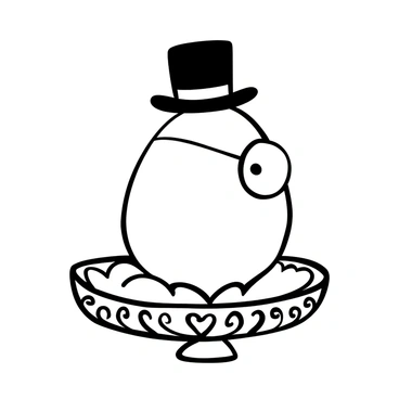 An egg wearing a monocle and a top hat is positioned upright on a fancy tray. The tray features intricate designs along its edges, enhancing its elegance. The egg has a polished surface that reflects light subtly. Delicate decorations on the tray include ornate patterns and filigree elements. There is a small, cushioned base beneath the egg, providing stability and contrast to the sophisticated presentation.