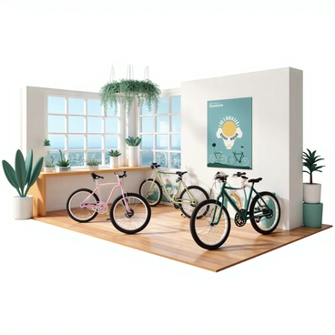 A bicycle store featuring various bicycles displayed prominently, with a focus on sleek designs and vibrant colors. The store is decorated with green accents, including plants hanging from the ceiling and potted greenery placed throughout the space. Bright natural light streams in through large windows, highlighting the eco-friendly theme. On the walls, there are posters promoting sustainable transportation, featuring bicycles and nature motifs. The floor is made of polished wood, complementing the fresh, natural atmosphere of the store.