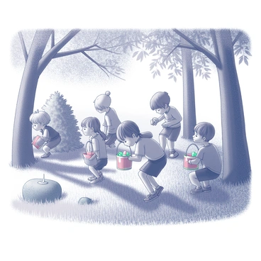 Children eagerly searching for Easter baskets hidden among trees in a backyard