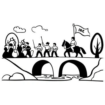 "Jeanne d'Arc" is depicted on horseback, wearing armor and holding a banner. She is leading a formation of soldiers marching across a stone bridge that spans a flowing river. The troops are dressed in medieval armor, some with shields raised, while others carry spears. The stone bridge is constructed of large, rugged stones, with water rushing beneath it. Trees line the riverbanks, providing a natural backdrop to the scene. Clouds are visible in the sky, adding to the atmosphere of the moment.