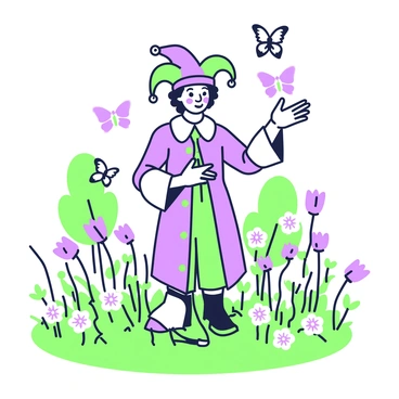 A jester is standing in a blooming meadow, wearing a traditional jester outfit adorned with pointed sleeves and a hat with bells. His face is painted with a playful expression, showcasing bright features. Around him, a flurry of butterflies is fluttering, each showcasing intricate designs. The meadow is filled with various wildflowers in bloom, swaying gently in the breeze. In the background, a few trees are visible, adding to the vibrant atmosphere of the scene.