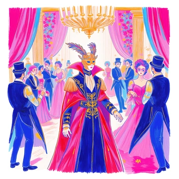 A figure resembling "Lucifer" stands amidst an opulent masquerade ball. He is dressed in an "elaborate costume" adorned with intricate details, featuring rich fabrics in deep shades of red and black. His "mask" is ornate, embellished with feathers and gold accents that catch the light. The background is filled with other masked guests in elegant attire, twirling and mingling under a grand chandelier that illuminates the scene with a soft glow. Lush decorations, including draped fabrics and floral arrangements, create an atmosphere of mystery and grandeur.