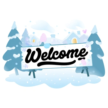 A "whimsical welcome sign" stands at the entrance of a snow village, prominently displaying intricate lettering. The sign is adorned with decorative elements, such as snowflakes and pinecones. Surrounding the sign are tall, snow-covered trees, their branches heavy with fresh snow. The ground is blanketed in a thick layer of sparkling snow, reflecting soft light. In the background, quaint, snow-covered cottages with smoke curling from chimneys are visible among the trees. A gentle drift of snowflakes falls from the sky, enhancing the enchanting atmosphere.