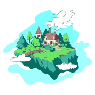 A teal floating island is surrounded by a soft white mist. The island is covered with lush greenery, including various trees and vibrant plants. In the center, there is a small village with quaint, colorful houses featuring thatched roofs. Smoke is gently rising from chimneys, suggesting a cozy atmosphere. A small wooden bridge connects the village to a rocky outcrop on the edge of the island, enhancing the scene's charm. The sky above is a bright blue, adding depth to the idyllic setting.