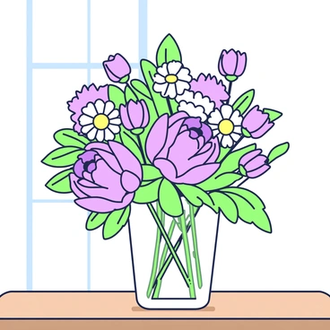 A lush floral bouquet is arranged in a glass vase placed on a wooden table. The bouquet consists of various flowers, including large peonies with round petals, slender tulips, and delicate daisies. The flowers display intricate details with leaves and stems intertwining among them. The background features a soft light filtering through a window, creating gentle shadows on the table surface. The vase is clear, allowing the focus to remain on the vibrant colors of the flowers.
