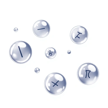 Several soap bubbles are floating in the air, varying in size and shape. Each bubble has a distinct iridescent surface, displaying reflections that showcase different cation symbols. The bubbles are positioned at various heights, creating a sense of depth. They catch the light in a way that enhances their spherical forms, highlighting the intricate details of the symbols within. The background is a simple, neutral space to emphasize the bubbles and their unique designs.