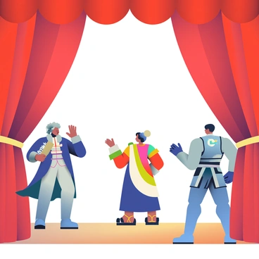 A theater stage is set with rich, luxurious red curtains partially drawn back to reveal a scene. In the center, actors in elaborate costumes from different time periods are performing a play. To the left, a man in a powdered wig and a frock coat represents the past, holding a quill and parchment. In the center, a woman in a sleek, modern dress with bold colors captures the present, gesturing dramatically. To the right, a figure in futuristic attire made of metallic fabric and geometric shapes stands, with glowing accessories. The stage floor is polished wood, and the lighting casts soft shadows, enhancing the vivid colors of the costumes.