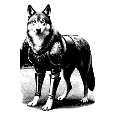 A noble wolf is standing proudly on a grassy terrain. The wolf has a majestic posture with its head held high and its fur appearing regal. It is adorned in ornate medieval armor that covers its chest and limbs, featuring intricate engravings and embellishments. The armor shines subtly, reflecting light in a way that highlights its elaborate design. The wolf's eyes are sharp and focused, conveying a sense of strength and determination. Surrounding the wolf is a faint outline of the forest in the background, adding to the ambiance of its noble presence.