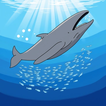 A large group of small, translucent krill is swimming frantically, their tiny bodies shimmering as they dart through the water. Above them, a massive gray whale is gliding gracefully, its mouth wide open, ready to engulf the krill. Sunlight filters down from the surface, creating a pattern of light and shadow in the deep blue ocean water. Bubbles are trailing behind the whale, adding movement to the scene. The krill appear in a spiral pattern, creating a sense of urgency as they attempt to escape the approaching predator. The whale's enormous body contrasts with the delicate form of the krill, underscoring the dynamic interaction in this underwater environment.