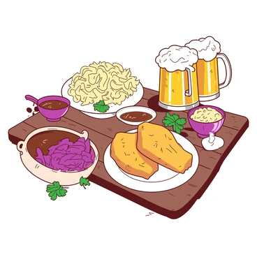 A wooden table is covered with an assortment of traditional German dishes. At the center, there is a large plate of golden-brown schnitzel, perfectly breaded and fried to a crispy finish. Next to it, there is a generous serving of tangy sauerkraut, finely shredded and glistening with seasoning. Surrounding these main dishes are small bowls filled with creamy potato salad, vibrant red cabbage, and rich gravy. A few fresh parsley sprigs are scattered around for garnish. In the background, there are rustic beer mugs, showcasing a frothy yellow brew, completing the traditional German dining experience.